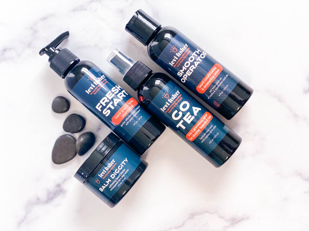 Begin with Fresh Start black soap and honey cleanser for beard and face.