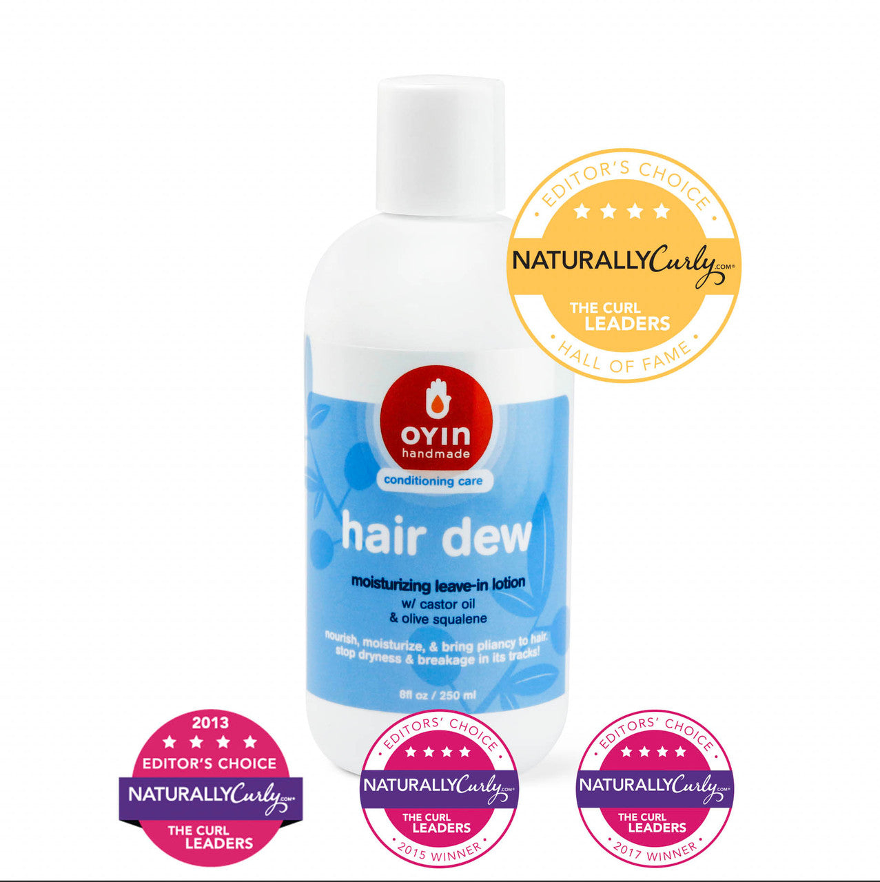 Hair Dew has won the 'Editors Choice' award from naturallycurly.com in multiple years, earning a place in its hall of fame! Image description: product in an 8oz bottle with blue and white label, with awards badges on upper right corner and across the bott