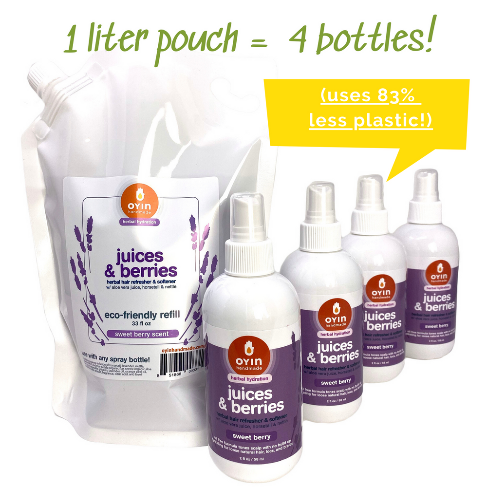 
                      
                        oyin juices and berries, one liter refill pouch, shown with 4 spray bottles of juices and berries. text reads "1 liter pouch = 4 bottles!" across the top, and "uses 83% less plastic" in a yellow speech bubble above 8oz bottles. 
                      
                    