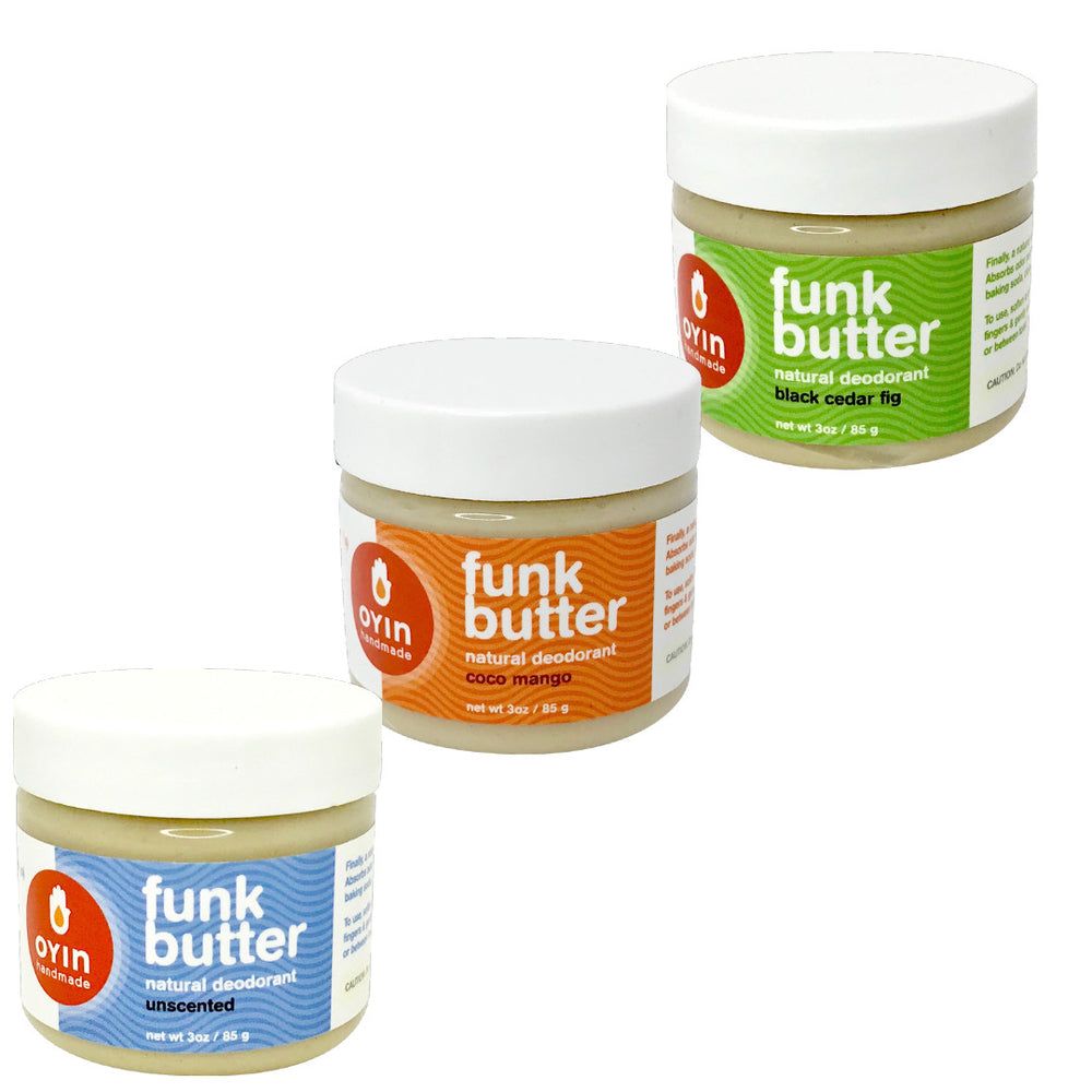 
                      
                        Oyin Handmade Natural Deodorant - Funk Butter! It's vegan, cruelty free, and all natural. Available in  three scents.
                      
                    