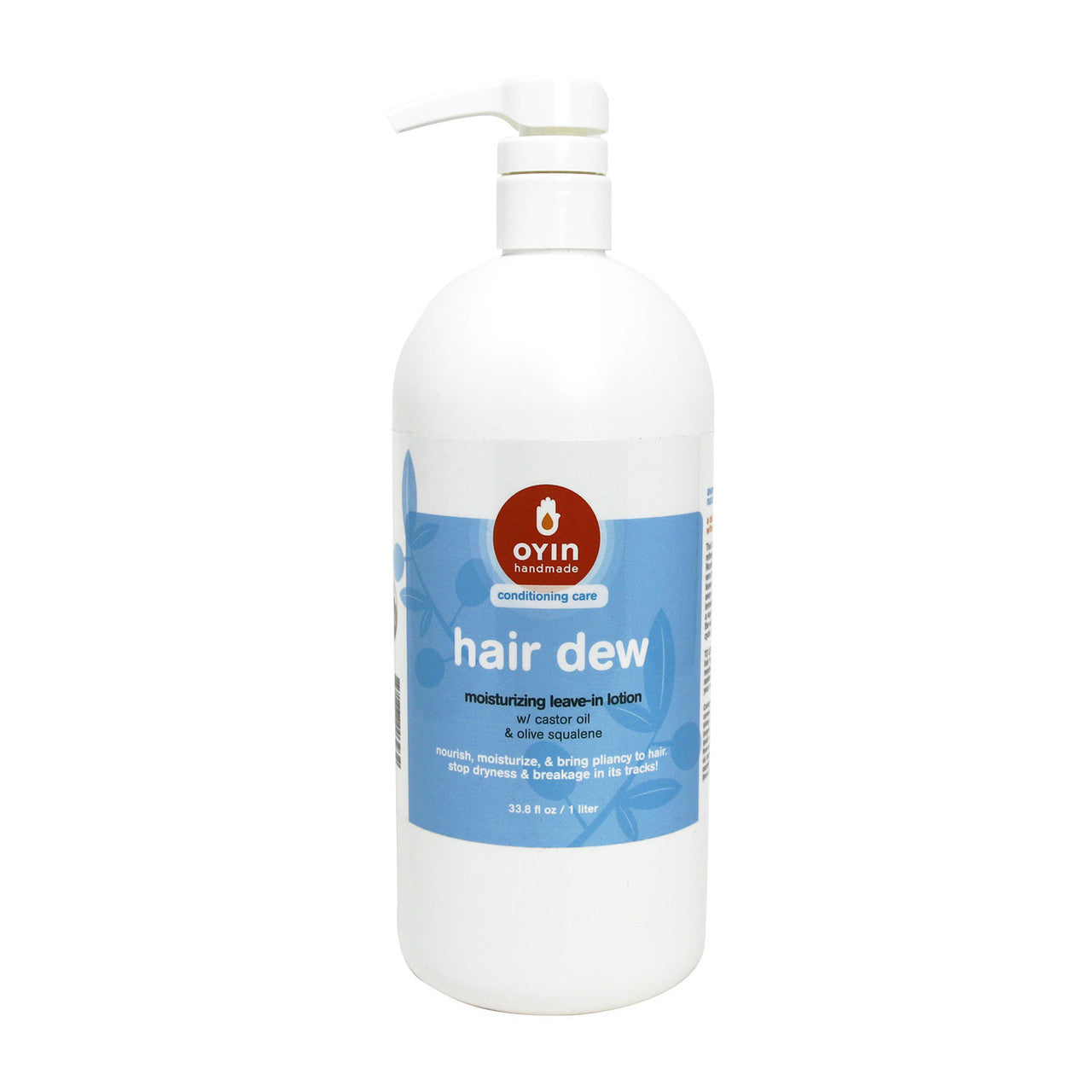 Hair Dew - is available in a 1-liter stock-up size bottle, which saves plastic! Image description: product in a 33oz refill bottle with blue and white label, with a pump.