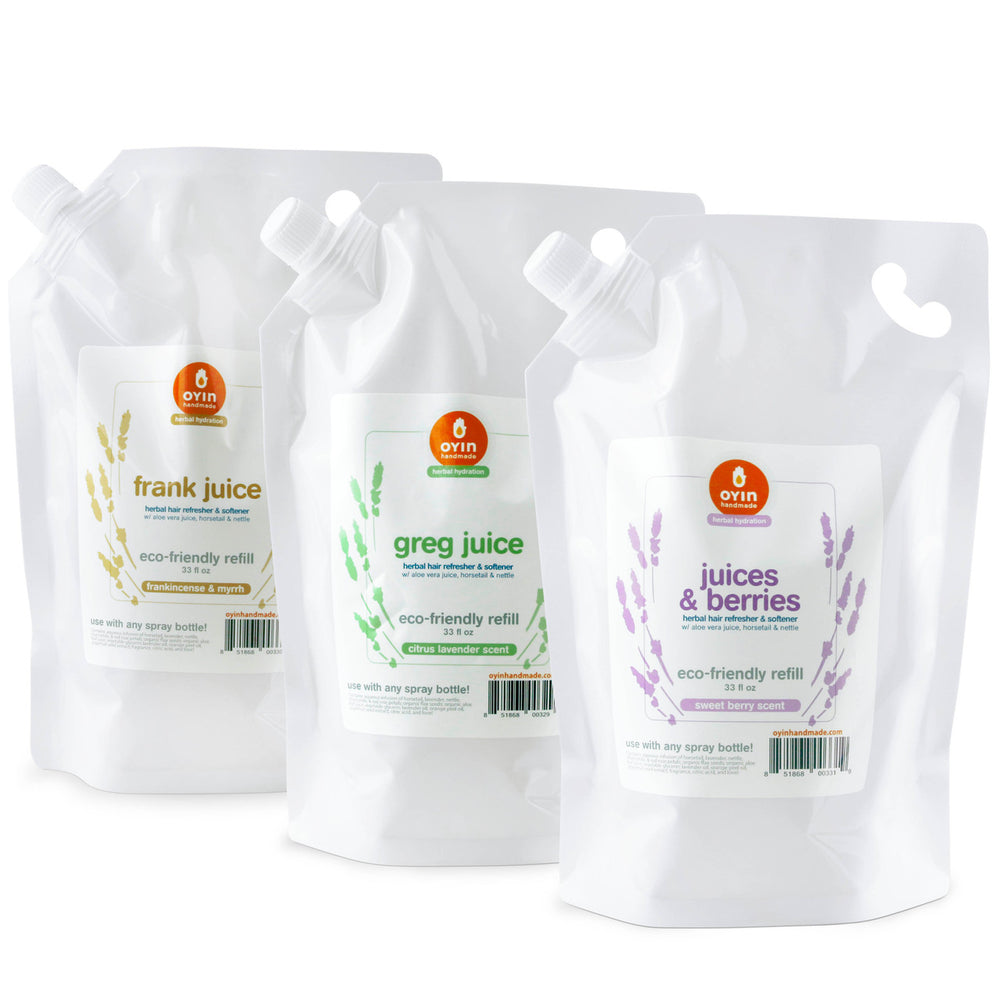 
                      
                        oyin juices in 1-liter refill pouches, shown in 3 scents
                      
                    