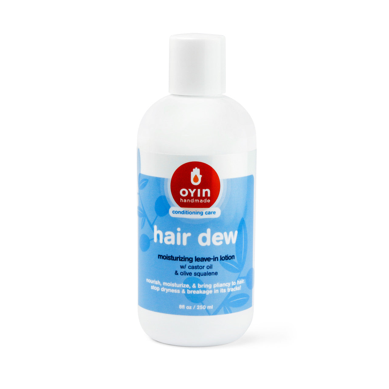 Hair Dew - the leave-in to believe in! Image of product in an 8oz bottle with blue and white label.
