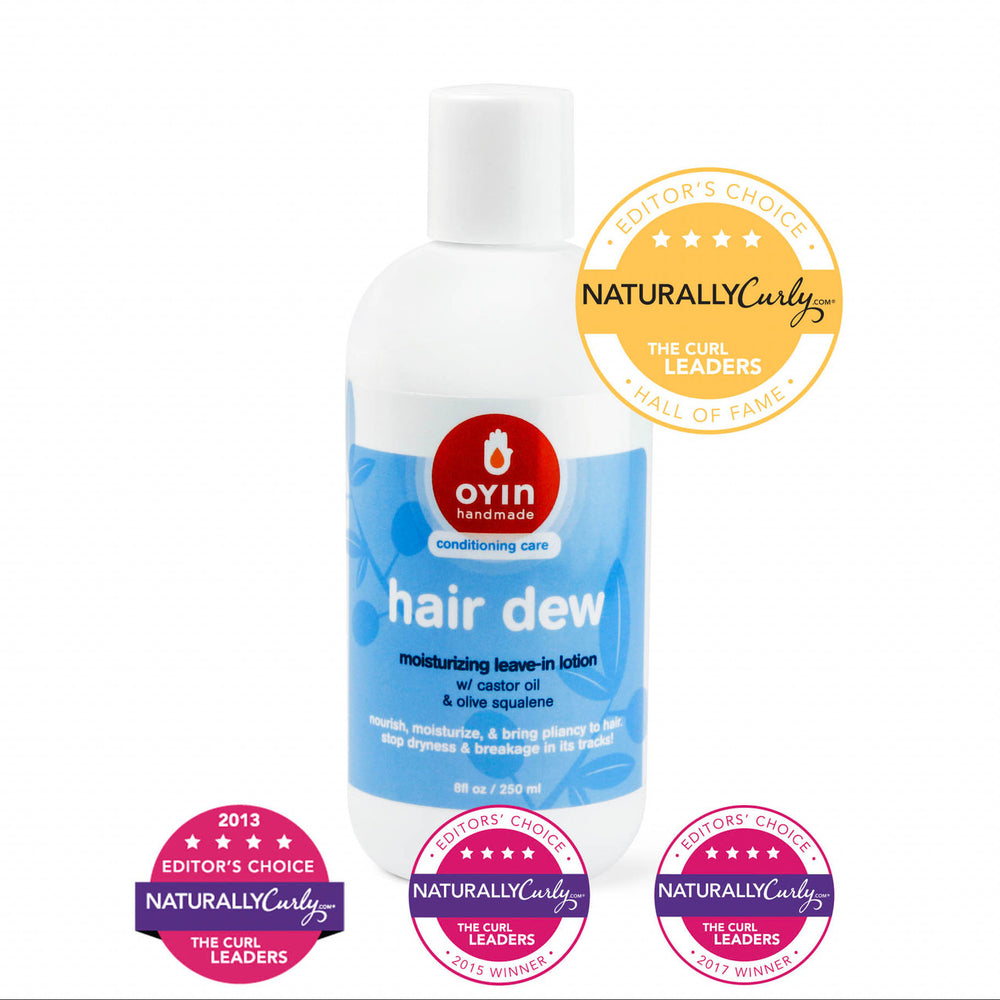 
                      
                        Hair Dew has won the 'Editors Choice' award from naturallycurly.com in multiple years, earning a place in its hall of fame! Image description: product in an 8oz bottle with blue and white label, with awards badges on upper right corner and across the bott
                      
                    